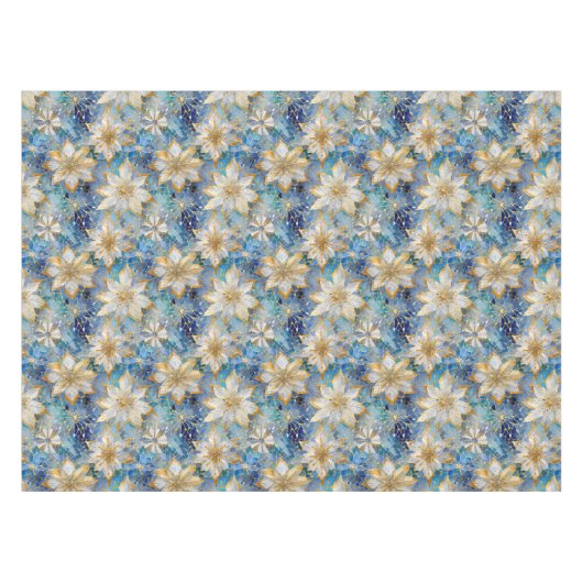 Blauw Wit Goud Kerstmis Poinsettias Tafelkleed (Voorkant (Horizontaal))