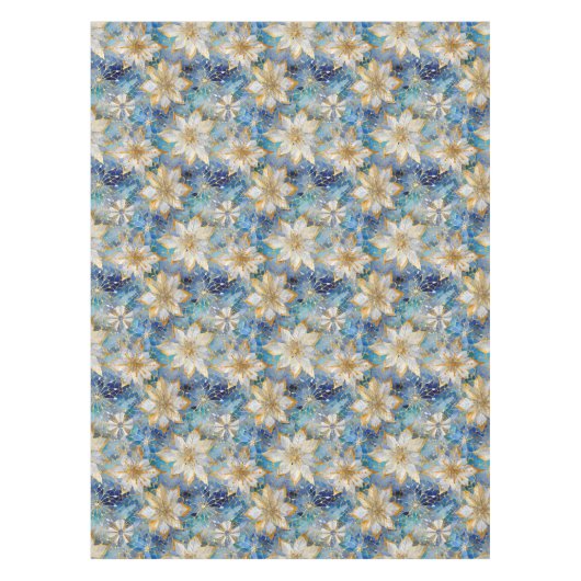 Blauw Wit Goud Kerstmis Poinsettias Tafelkleed (Voorkant)