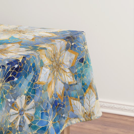 Blauw Wit Goud Kerstmis Poinsettias Tafelkleed (Voorbeeld)