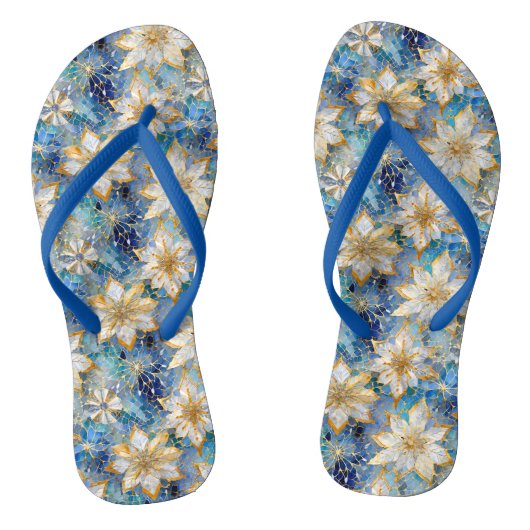 Blauw Wit Goud Kerstmis Poinsettias Teenslippers (Voetbed)