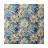 Blauw Wit Goud Kerstmis Poinsettias Tegeltje (Voorkant)