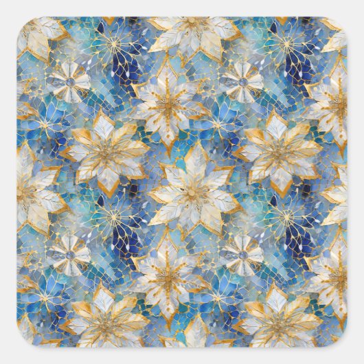 Blauw Wit Goud Kerstmis Poinsettias Vierkante Sticker (Voorkant)