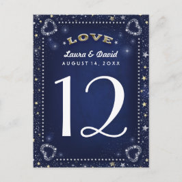 Blauw Wit & Goud Liefde & Sterren Tafelnummer Kaar