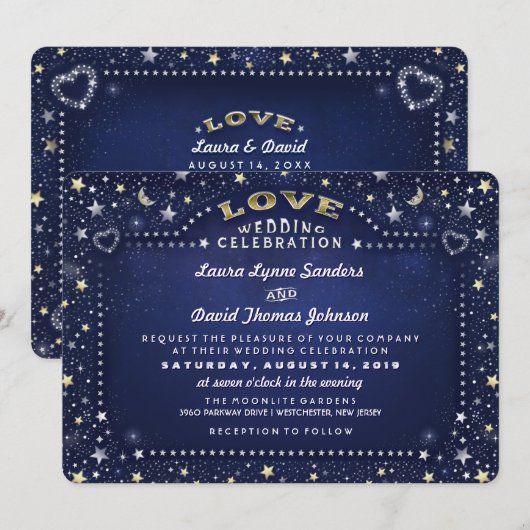 Blauw Wit Goud Maan Sterren RECEPTIE INFO op Terug Kaart (Voorkant / Achterkant)