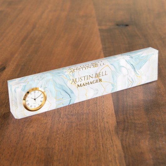 Blauw Wit Goud Marmer Gepersonaliseerd Naambordje (Zijkant)