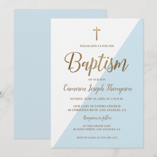 Blauw Wit Goud Moderne Baby Jongen Geen Foto Doop Kaart (Voorkant / Achterkant)