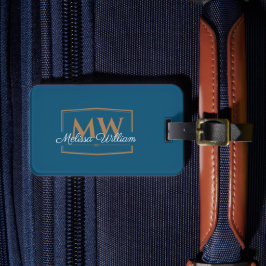 Blauw Wit Goud Monogram Naam Bagagelabel