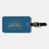 Blauw Wit Goud Monogram Naam Bagagelabel (Voorkant horizontaal)