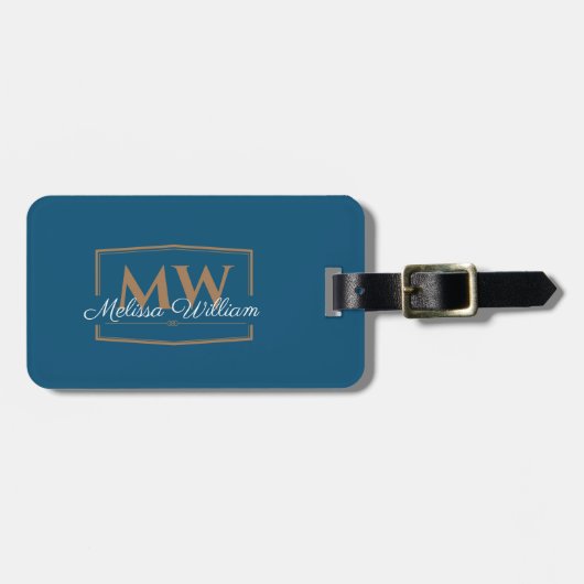 Blauw Wit Goud Monogram Naam Bagagelabel (Voorkant horizontaal)