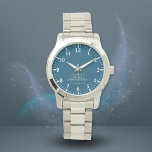 Blauw Wit Goud Monogram Naam Script Horloge<br><div class="desc">Elegant Goud Monogram met Naamschrift. Gemakkelijk gepersonaliseerd als cadeau voor familie en vrienden.</div>