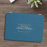 Blauw Wit Goud Monogram Naam Script iPad Air Cover<br><div class="desc">Elegant Goud Monogram met Naamschrift. Eenvoudig te personaliseren,  voeg gewoon uw initialen en naam toe.</div>