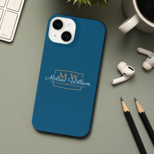 Blauw Wit Goud Monogram Naam Script iPhone Hoesje