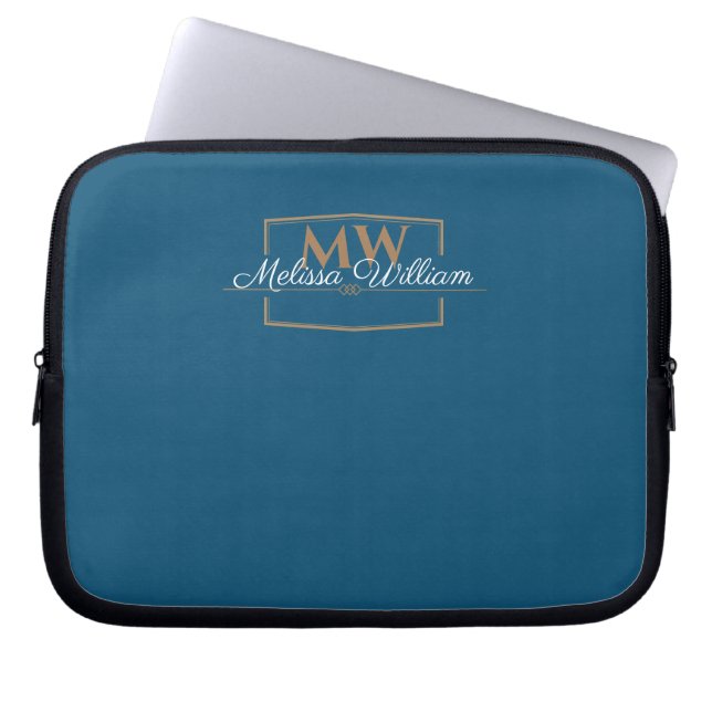 Blauw Wit Goud Monogram Naam Script Laptop Sleeve (Voorkant)