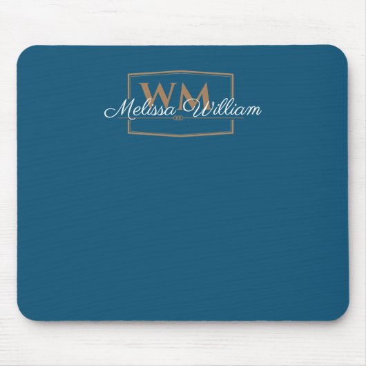Blauw Wit Goud Monogram Naam Script Muismat (Voorkant)