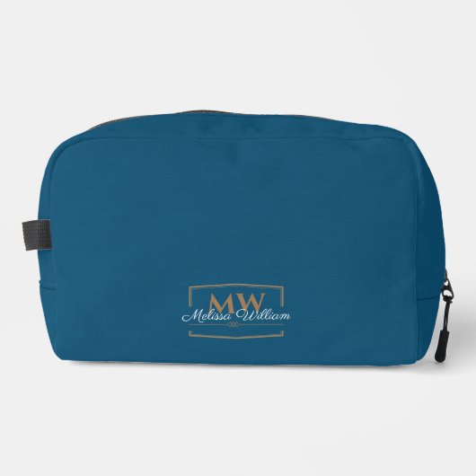 Blauw Wit Goud Monogram Naam Script Toilettasje (Voorkant)