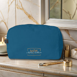 Blauw Wit Goud Monogram Naam Script Toilettasje