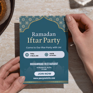 Blauw, Wit & Goud Ramadan Iftar Uitnodiging Poster