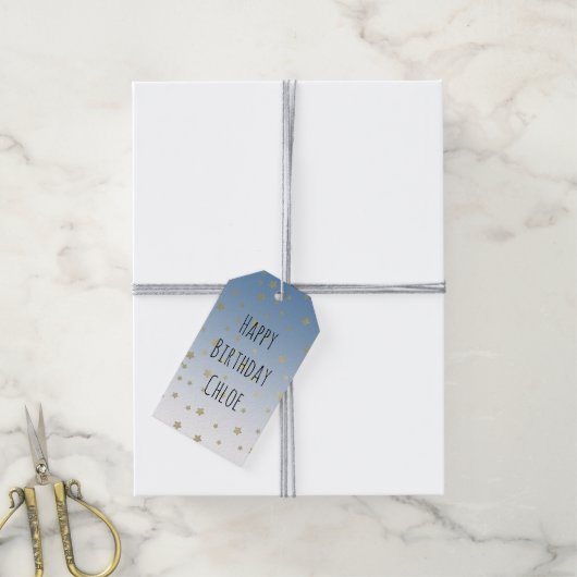 Blauw wit goud sterren verjaardag cadeaulabel (Met Touw)