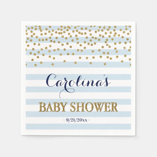 Blauw Wit Goud Streep Confetti Baby Jongensdouche Servet (Voorkant)