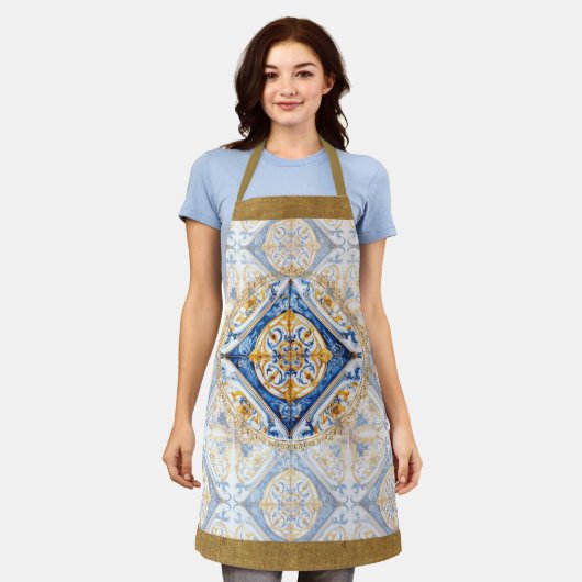 Blauw Wit Goud Talavera Azulejo Tegel Look Schort (Gedragen)