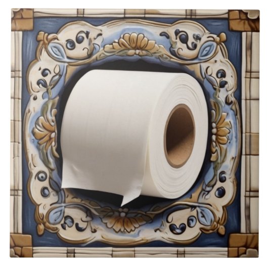 Blauw Wit & Goud Toilet Papier Roll Grappige Badka Tegeltje (Voorkant)