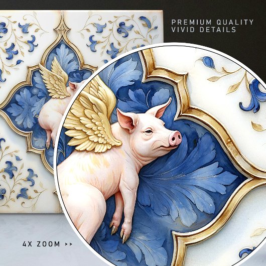 Blauw Wit Goud Varken Middeleeuws Scrollwork Tegeltje