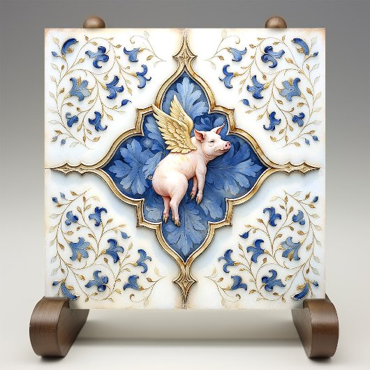 Blauw Wit Goud Varken Middeleeuws Scrollwork Tegeltje