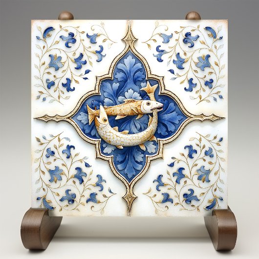 Blauw Wit Goud Vissen Middeleeuws Scrollwork Tegeltje