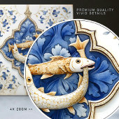 Blauw Wit Goud Vissen Middeleeuws Scrollwork Tegeltje