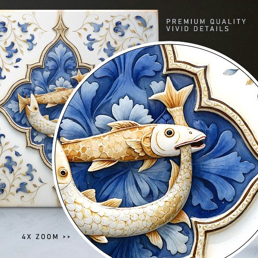 Blauw Wit Goud Vissen Middeleeuws Scrollwork Tegeltje