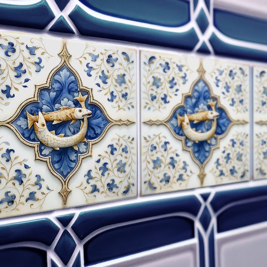 Blauw Wit Goud Vissen Middeleeuws Scrollwork Tegeltje