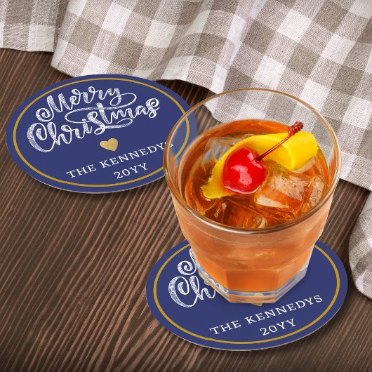 Blauw Wit Goud Vrolijk Kerstfeest Ronde Kartonnen Onderzetter