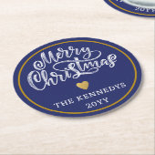 Blauw Wit Goud Vrolijk Kerstfeest Ronde Kartonnen Onderzetter (Gebogen)