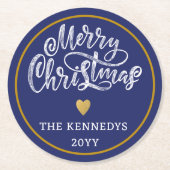 Blauw Wit Goud Vrolijk Kerstfeest Ronde Kartonnen Onderzetter (Voorkant)