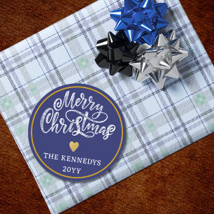 Blauw Wit Goud Vrolijk Kerstfeest Ronde Sticker