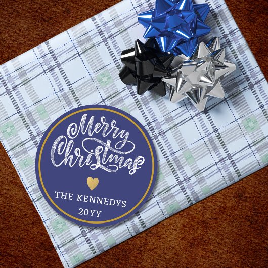 Blauw Wit Goud Vrolijk Kerstfeest Ronde Sticker