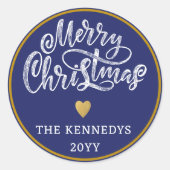 Blauw Wit Goud Vrolijk Kerstfeest Ronde Sticker (Voorkant)