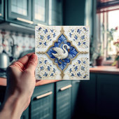 Blauw Wit Goud Zwaan Middeleeuwse Scrolling Work Tegeltje