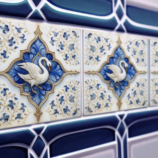 Blauw Wit Goud Zwaan Middeleeuwse Scrolling Work Tegeltje