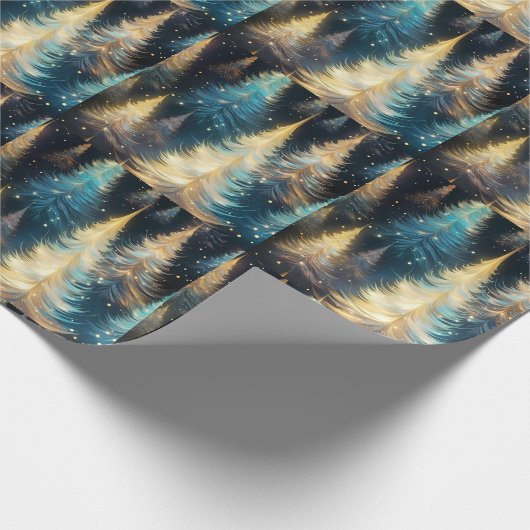 Blauw Wit Gouden Bomen Moderne Kerst Cadeaupapier (Hoek)