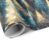 Blauw Wit Gouden Bomen Moderne Kerst Cadeaupapier (Rol Hoek)