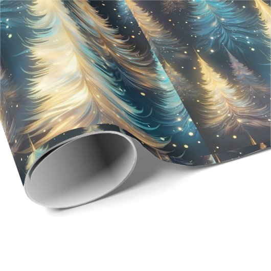 Blauw Wit Gouden Bomen Moderne Kerst Cadeaupapier (Rol Hoek)