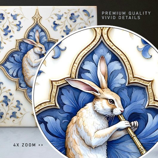 Blauw Wit Gouden Haas Middeleeuws Scrolwork Tegeltje