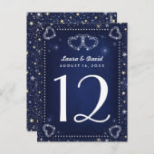 Blauw Wit Gouden Harten & Sterren Tafelnummer Kaar (Voorkant / Achterkant)