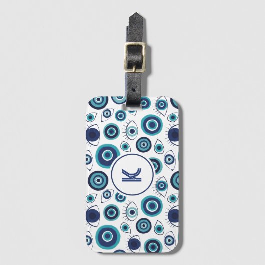 Blauw Wit Grieks Kwaad Oog Patroon Monogram Bagagelabel (Voorkant (verticaal))