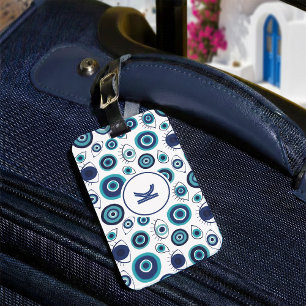 Blauw Wit Grieks Kwaad Oog Patroon Monogram Bagagelabel