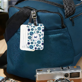 Blauw Wit Grieks Kwaad Oog Patroon Monogram Bagagelabel