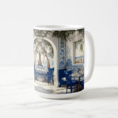 Blauw wit grieks restaurant cafe stoel boogvormige koffiemok (Voorkant rechts)