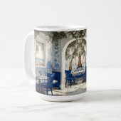 Blauw wit grieks restaurant cafe stoel boogvormige koffiemok (Voorkant links)