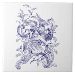 Blauw & Wit Griffin op Rocaille Barok Rococo Tegeltje